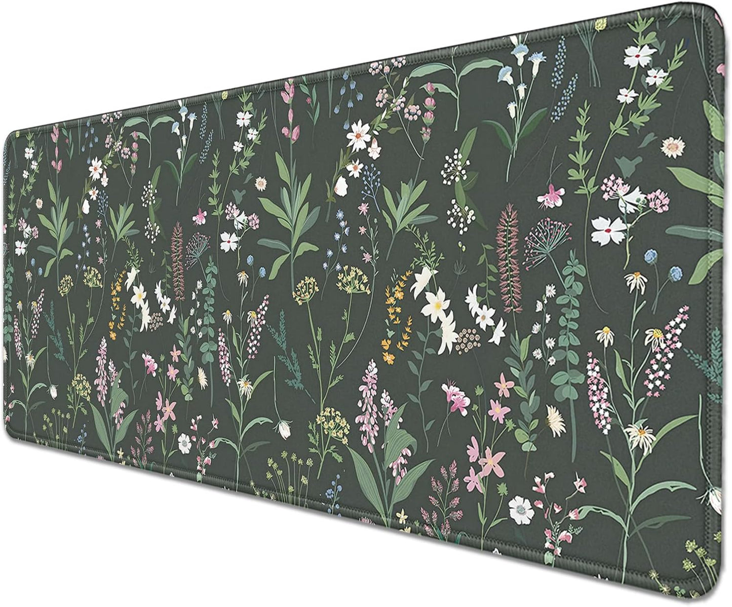 Green Plant Floral Mouse Pad,Large Flowers Mousepad Desk Pad with Stitched Edges,Non-Slip Waterproof Rubber Base Mouse Mat for Office Computer Keyboard Laptop Home(27.5x11.8 in)