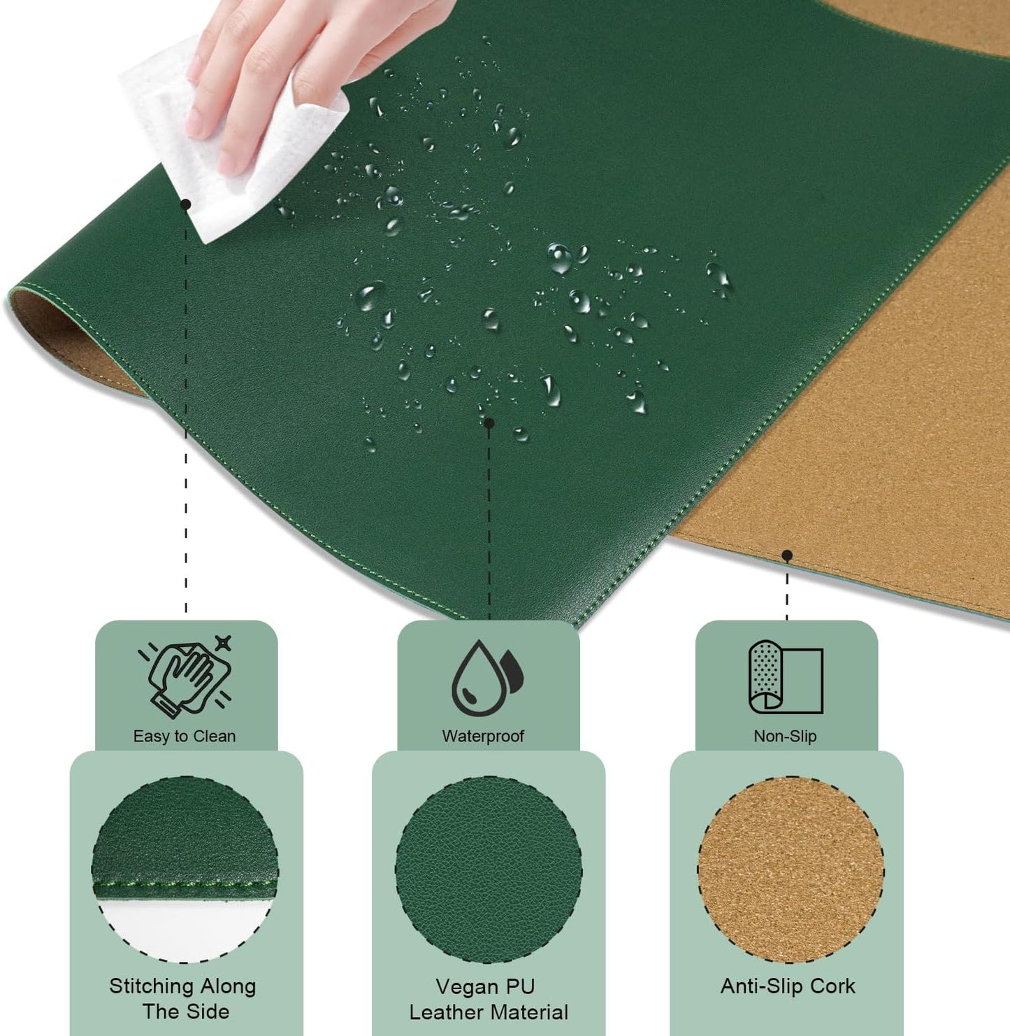Large Desk Pad 35.4" x 17", Non-Slip Desk Mat with PU Leather & Natural Cork, Waterproof Writing Desk Natural Cork, Computer Mat Desk Protector for Office Home, Dark Green