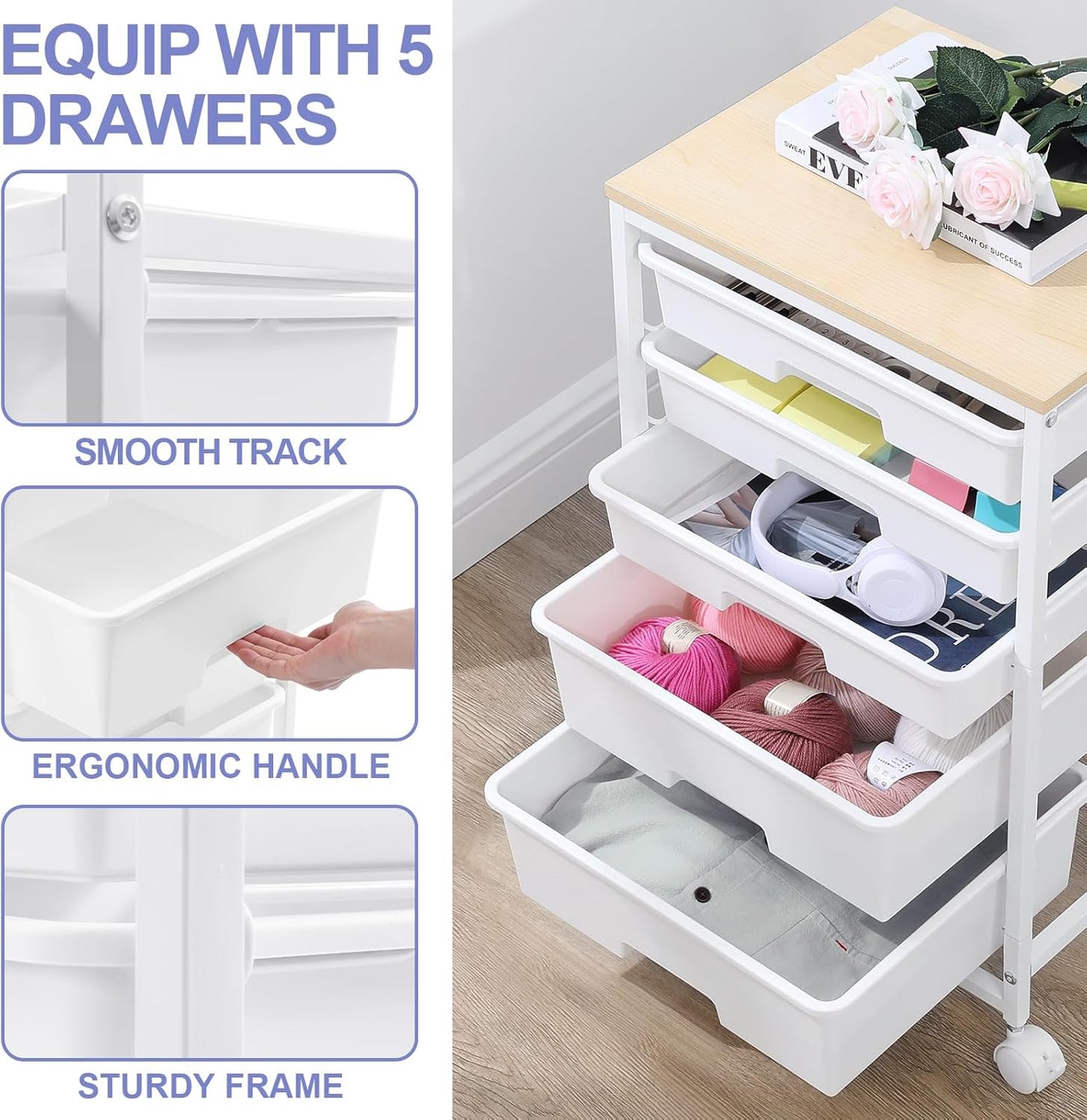 Utility Cart with 5 Drawers,Storage Drawer Cart with Wooden Tabletop and Lockable Wheels,Craft Storage Trolley Cart,5-Tier Rolling Utility Cart on Wheels,Bright White