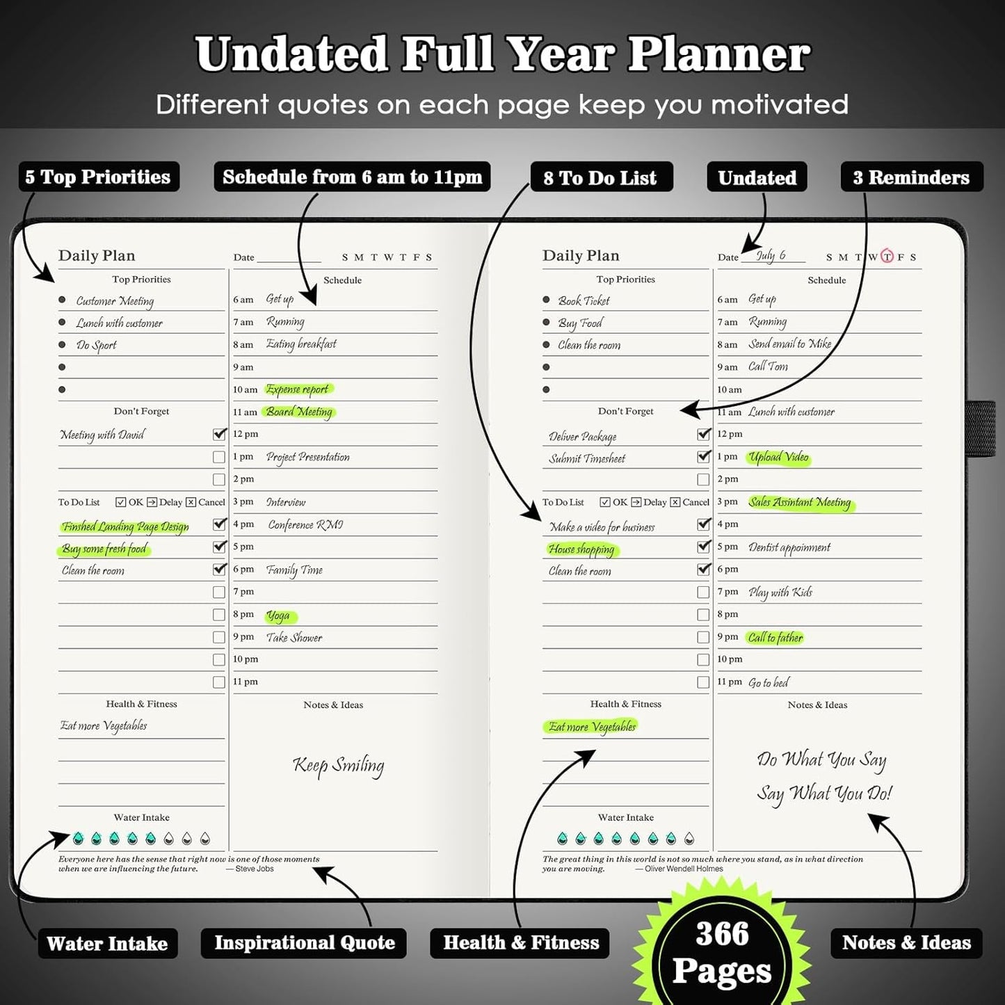 Daily Planner Undated, Planner 2024-2025, 365 Day Planne, Work Planner for Men, Hourly Planner Notebook for Goal Setting, Appointment Planner, Hardcover, Start Anytime, A5, Black