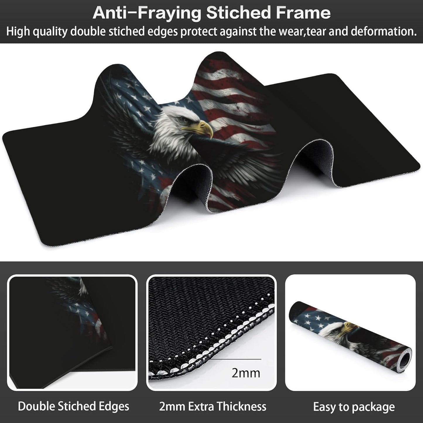 Desk Mat, USA Flag and Bald Eagle Extended Large Gaming Mouse Pad for Desk XXL, Non-Slip Rubber Base Stitched Edges Long Computer Keyboard Desk Pad Mouse Mat for Home Office Gaming 35.4"X15.7"