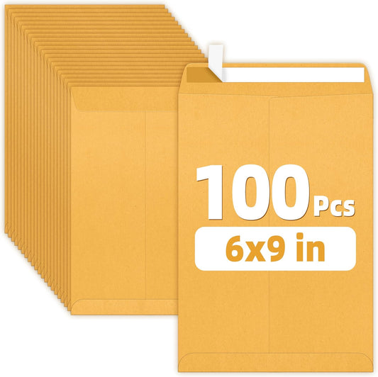 SUNEE 6x9 Envelopes Self-Seal Catalog Mailing Envelopes -100 Count, Ultra Strong Quick-Seal, 6x9 inch Brown Kraft Manila Envelopes Security Envelopes