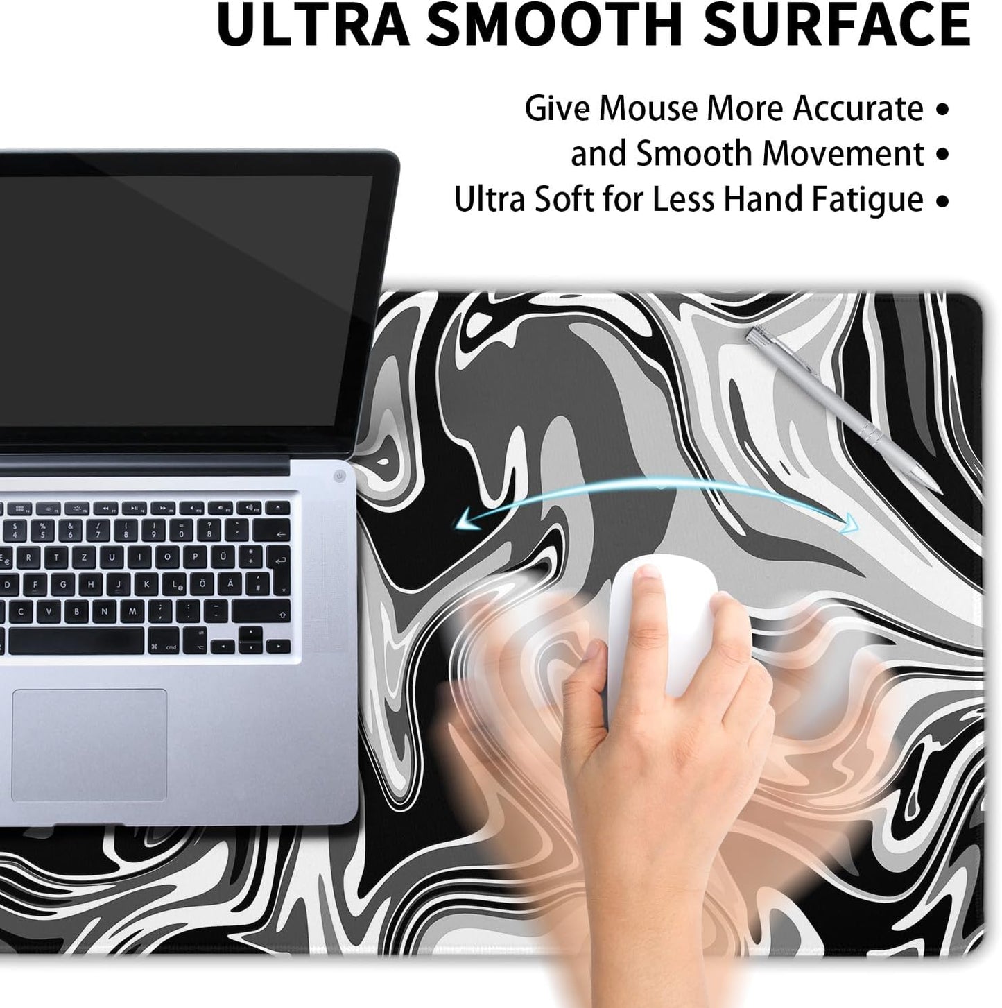 Black White Swirl Gaming Mouse Pad XXL Gray Marble Grey Fluid Design Extended Large Mouse Pad Big Desk Mat Non-Slip Rubber Base Stitched Edge Long Mousepad for Desktop Office Desk, 35.4 x 15.7 in