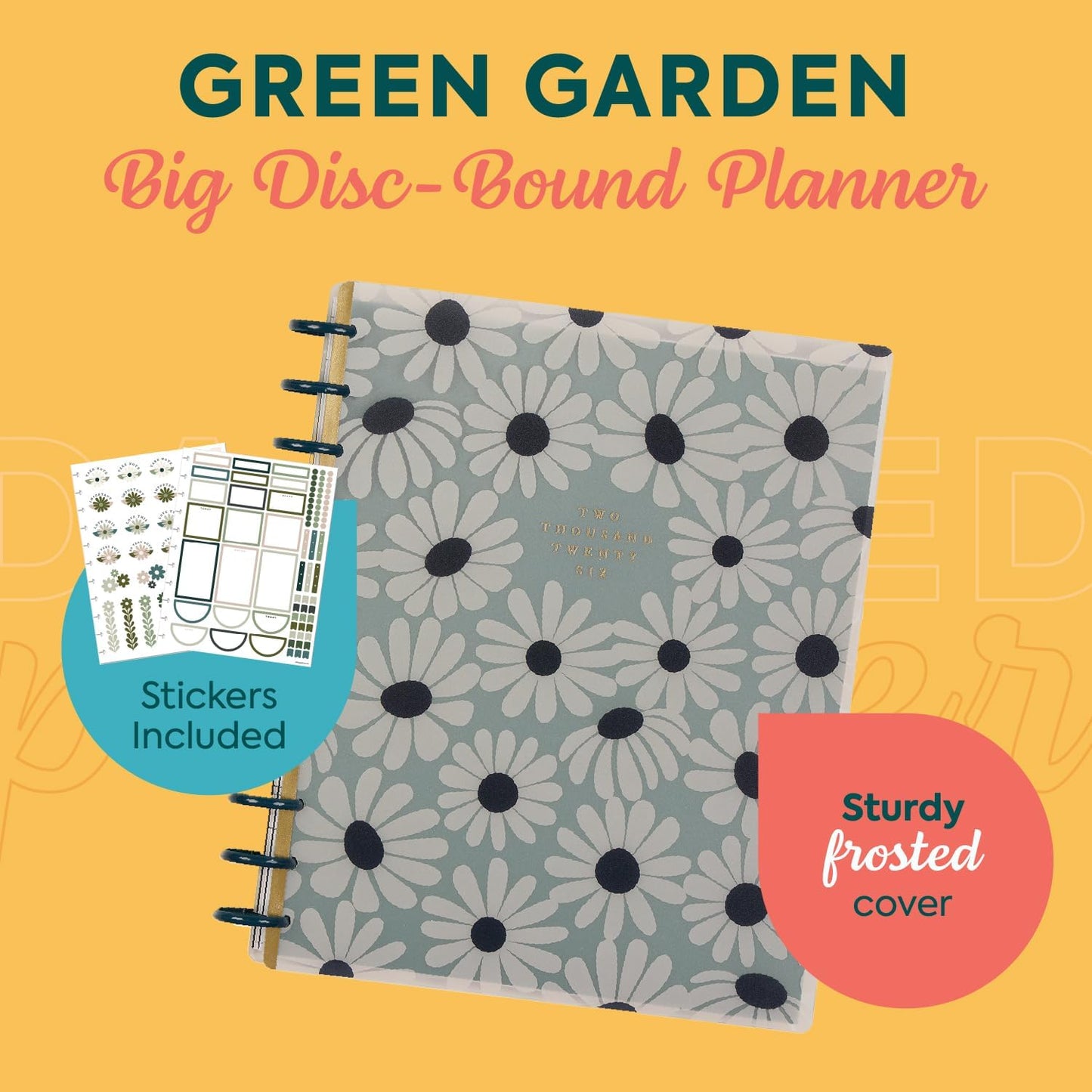 Happy Planner Disc-Bound Planner Jan.–Dec. 2026, Includes 3 Extra Months and 2 Sticker Sheets, Big Size, 8.5" x 11", Horizontal Layout, Green Garden
