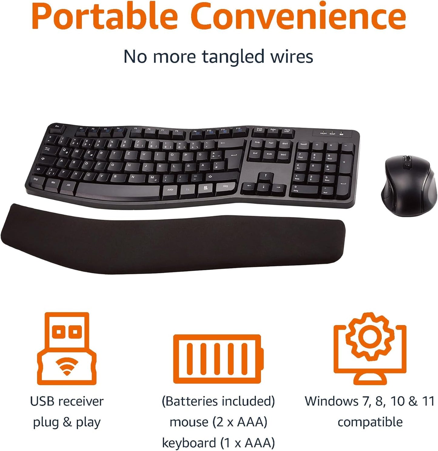 Amazon Basics Ergonomic Wireless Keyboard and Mouse Combo for Comfortable PC and Laptop Use, 2.4 GHz USB, Black