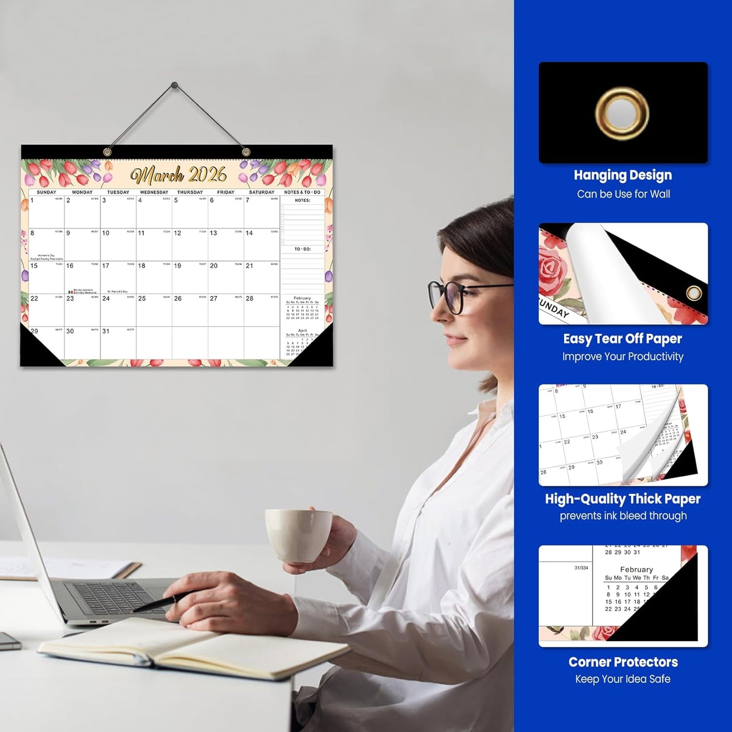 Comix 2026 Desk Calendar - 12x17 Inch, January 2026 to December 2026, 12 Months Calendar, Calendar Monthly Planner with Large Writing Blocks, Ideal for Home, School and Office, Watercolor Flowers
