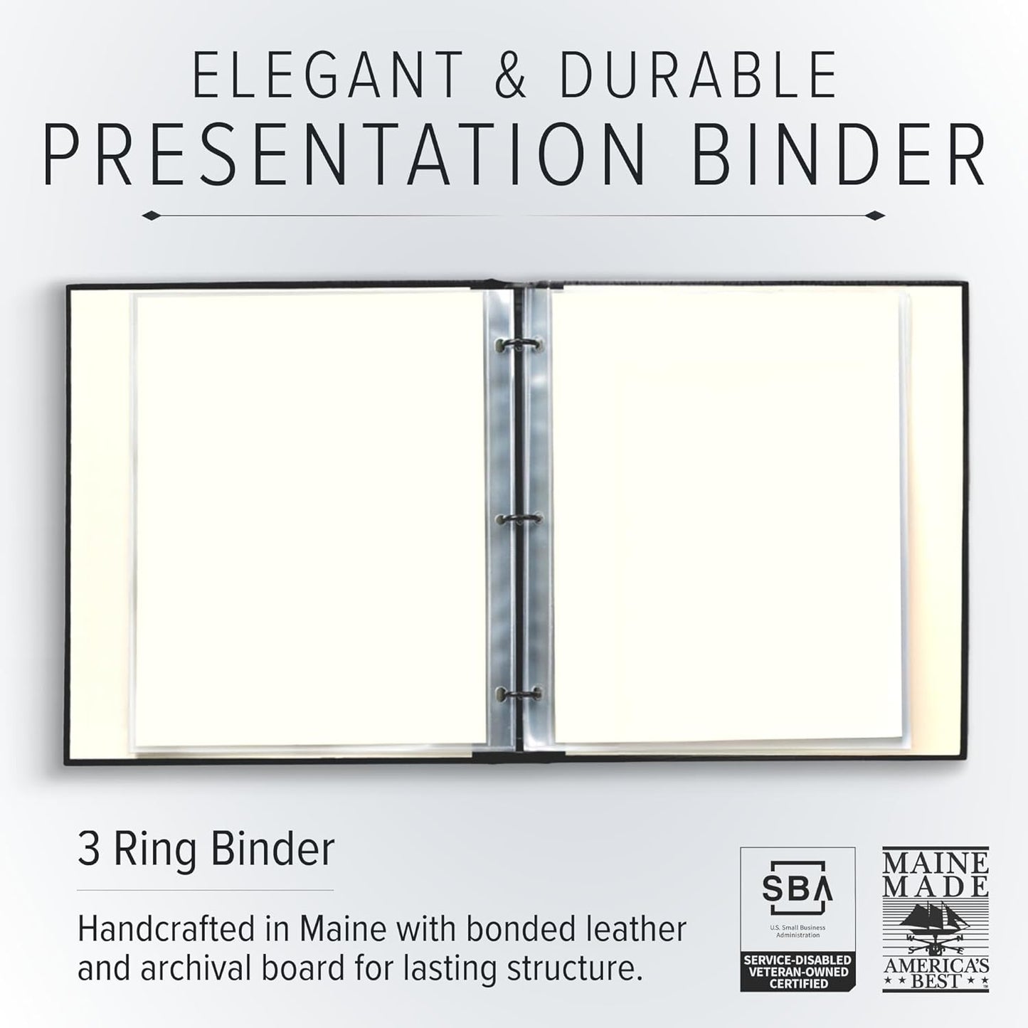 Gallery Leather 3 Ring Binder with Plastic Sleeves, Includes 10 Sheets, Sheet Size: 8.5" x 11" - Presentation Binder Rings with Window and Hubbed Spine, Thick: 1.25" Freeport Slate