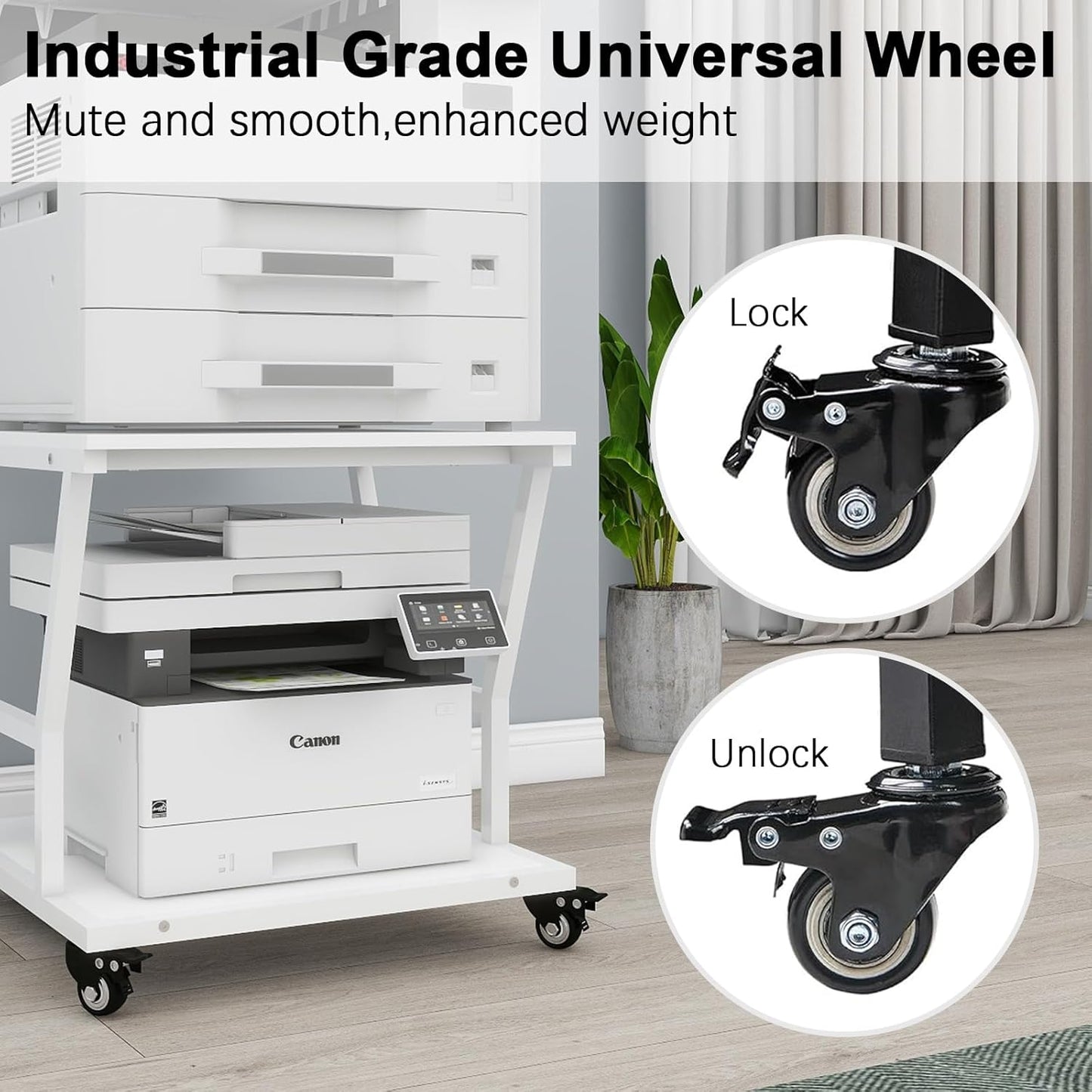 Natwind 2-Tier Large Printer Stand,23.6"x23.6"x29.5" Heavy-Duty Printer Table Cart with Paper Storage Shelf & Wheels,Ideal for Home Office Laser Printers, Copiers (White)