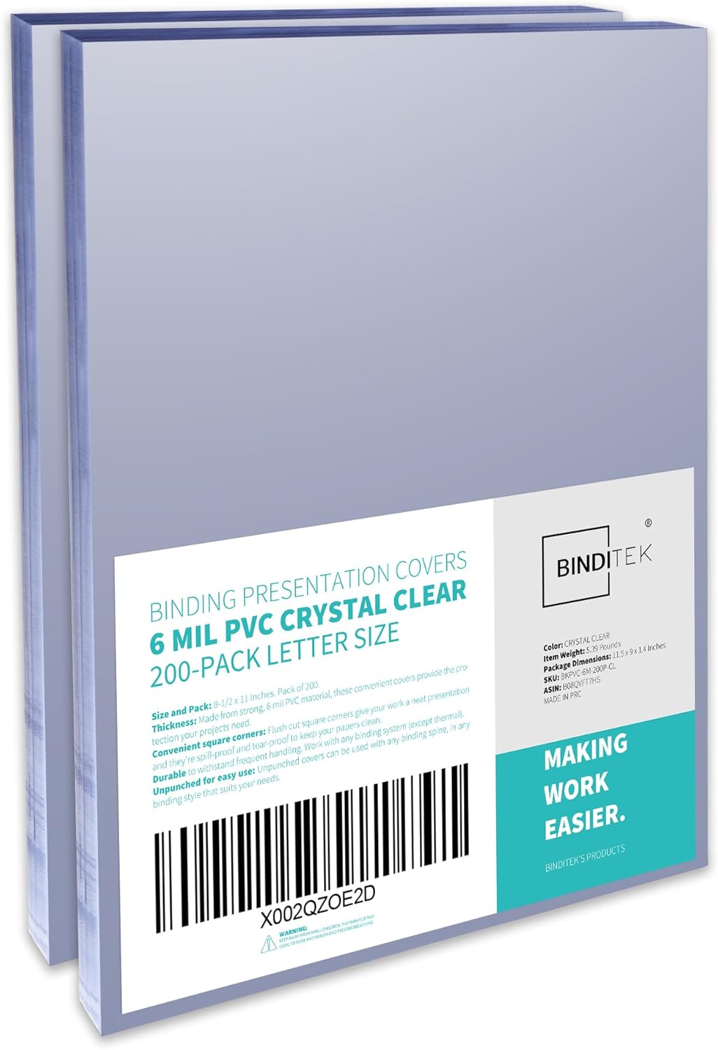 Binditek 200 Pack 6 Mil PVC Clear Binding Covers, 8.5 x 11 Inches, Letter Size, Square Corners, Un-Punched, Office Supplies