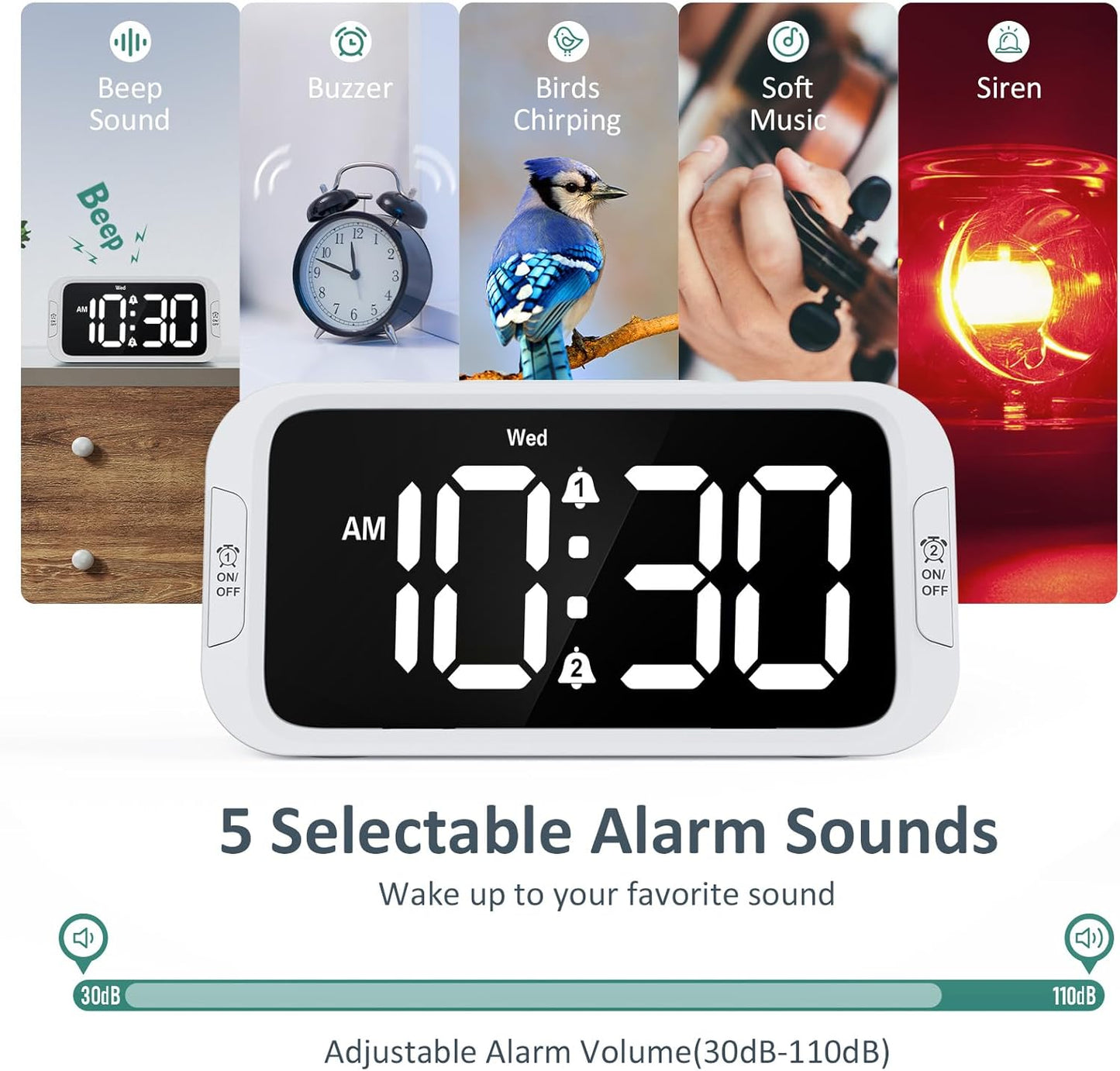 Digital Dual Alarm Clock for Bedroom, Easy to Set, 0-100% Dimmer, USB Charger, 5 Sound Adjustable Volume, Weekday/Weekend Mode, Snooze, 12/24Hr, Battery Backup, Compact Clock for Bedside(White)