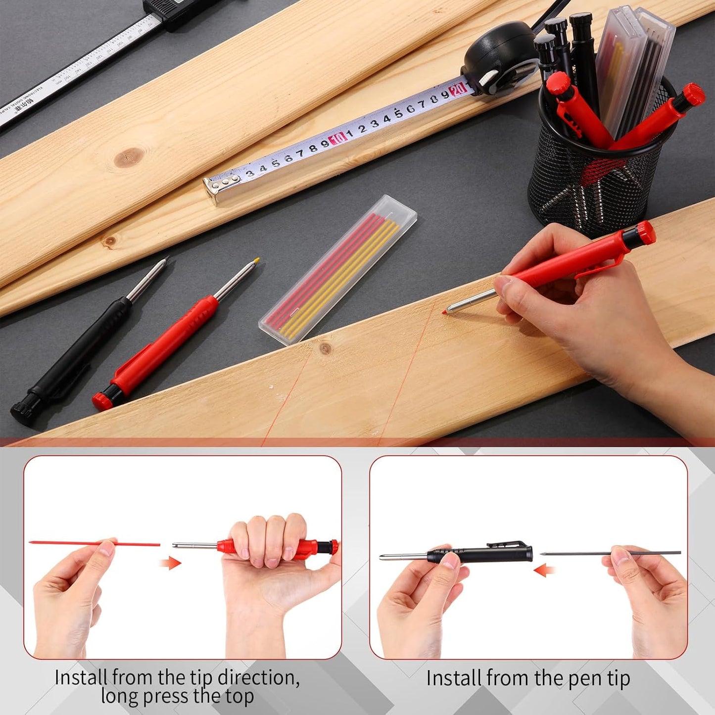 8 pack 2.8mm Mechanical Carpenter Pencils with 48 Refills, Construction Pencils with Built-in Sharpener, Long Nib Deep Hole Marker, Heavy Duty Woodworking Tools (Black+red)