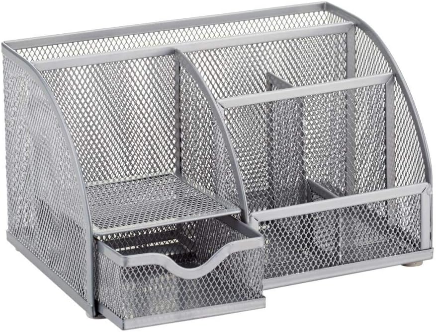 Annova Mesh Desk Organizer Office with 7 Compartments + Drawer/Desk Tidy Candy/Pen Holder/Multifunctional Organizer (Silver)