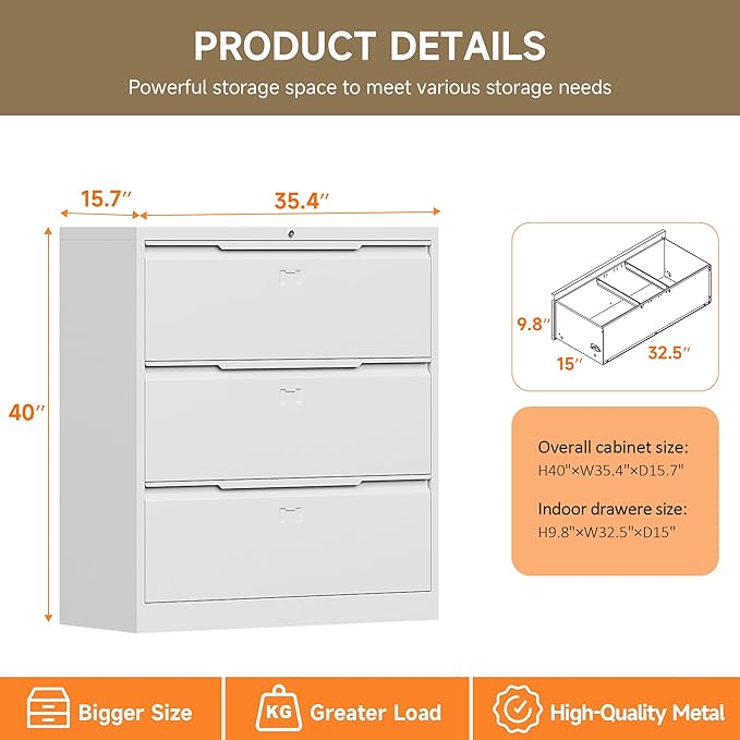 Lateral File Cabinet, 3 Drawer Lateral File Cabinet with Lock, Lockable Metal File Cabinet for Home Office, File Cabinet for Letter/Legal/F4/A4 Size (White, 3 Drawer)