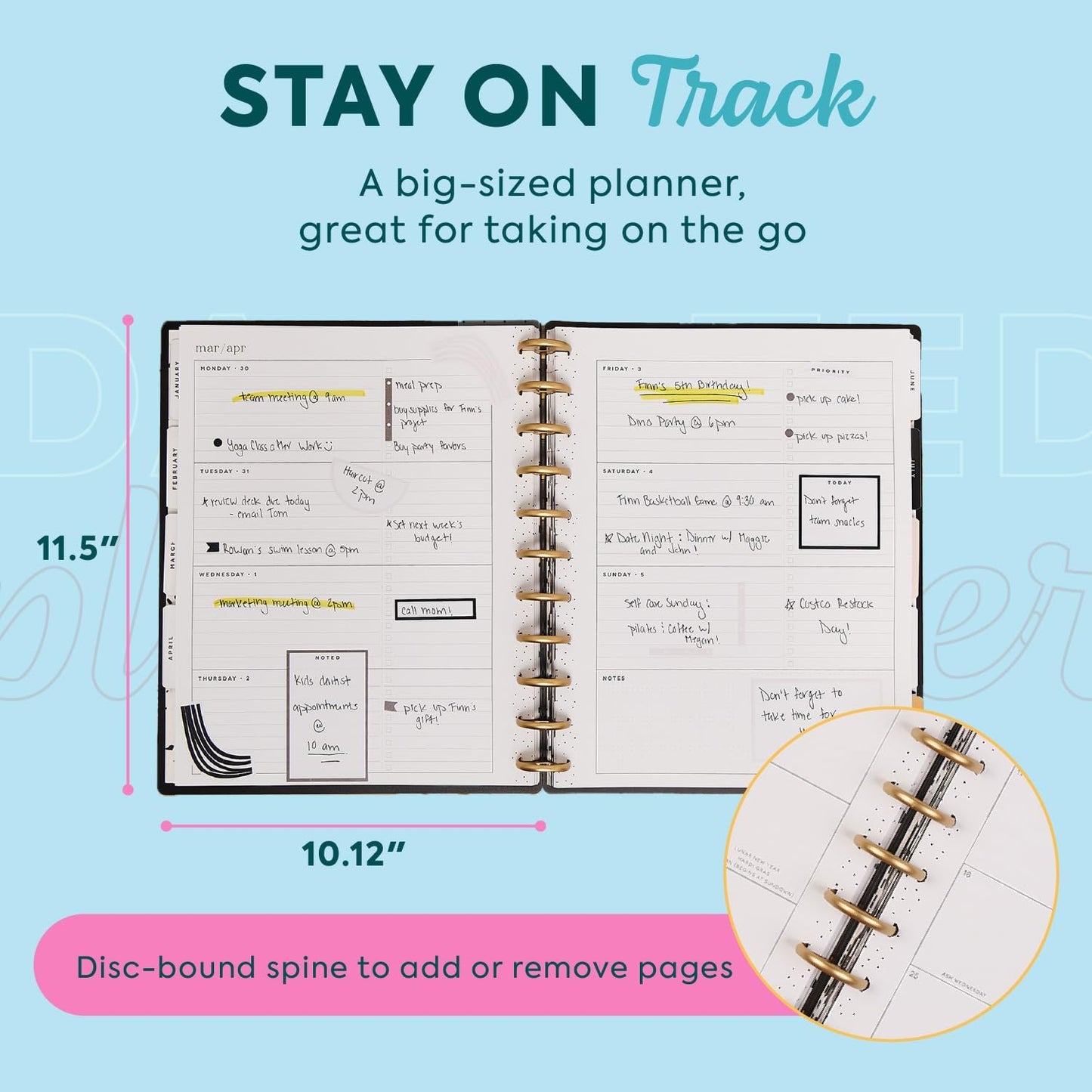 Happy Planner Disc-Bound Planner Jan.–Dec. 2026, Includes 3 Extra Months and 2 Sticker Sheets, Big Size, 8.5" x 11", Horizontal Layout, Modern Texture