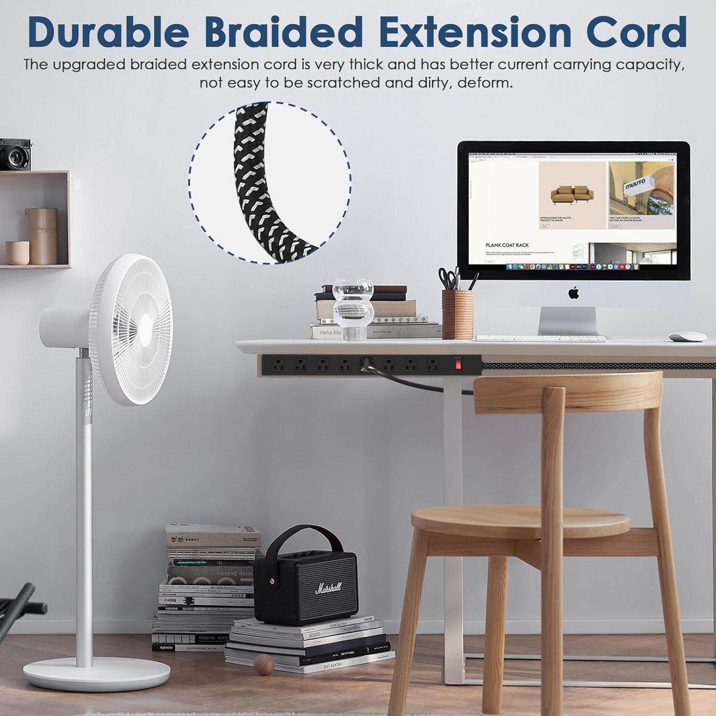 8 Outlet Power Strip - Metal Power Strip with Switch,Wide Spaced Moutable Surge Protector 1200J,6ft 14Awg Braided Cord,Home Office Industrial Garage Commercial