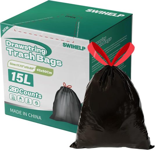 SWIHELP Drawstring Trash Bags 280 Counts 4 Gallon Garbage Bags 15 Liters Plastic Trash Can Liners Waste Basket Bin Liners