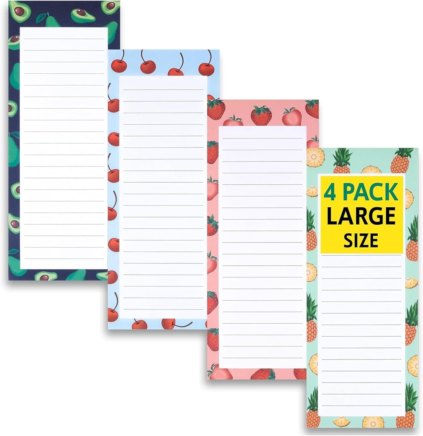 4 Large Magnetic Notepads – Big Notepads for Grocery List, Shopping List, To-Do List, Reminders -Strong Magnetic Back- Memo Pads with Realistic Fruit Designs | 60 Sheets per Pad 9 x 3.5 inch (4 Pack)
