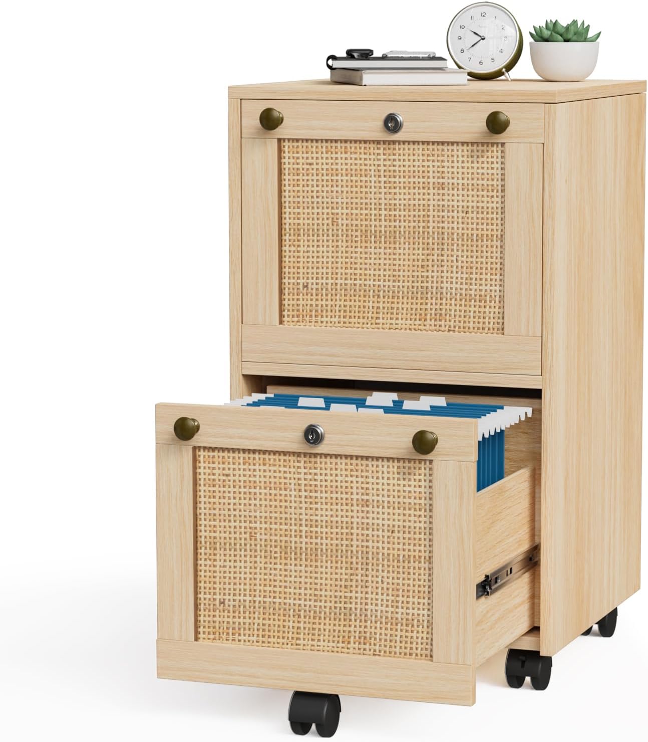 VINGLI 2 Drawer File Cabinet with Lock, Rolling File Cabinets for Home Office, Small Printer Stand, Wood Rattan Oak File Organizer, Under Desk Filing Cabinet on Wheels for Folders with Tabs