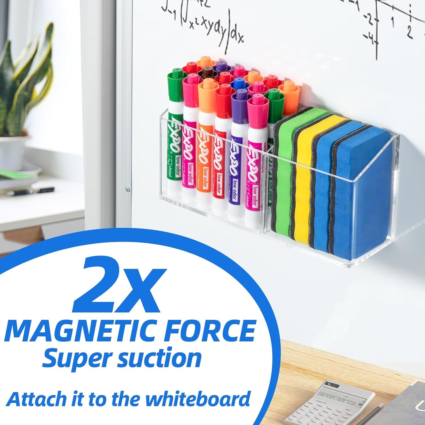 Simetufy Large Magnetic Dry Erase Marker Holder, Magnetic Pen Holder, Whiteboard Marker Holder with Movable Divider for Glass, Fridge & Locker, Non-slip Acrylic Magnetic Marker Holder
