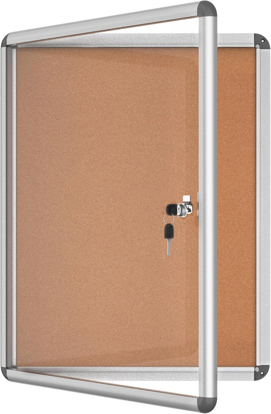 26"x20" Enclosed Bulletin Board, Lockable Weather-Resistant Aluminum Cork Noticeboard for School & Office, Silver Frame w/Cork
