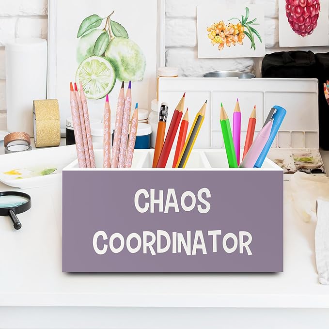 Chaos Coordinator Purple Pen Pencil Holder Organizer for Desk, Thank You Gifts for Women Men Coworkers Boss Leader Manager, Appreciation Gifts Wooden Box Sign for Office Tabletop Decorations