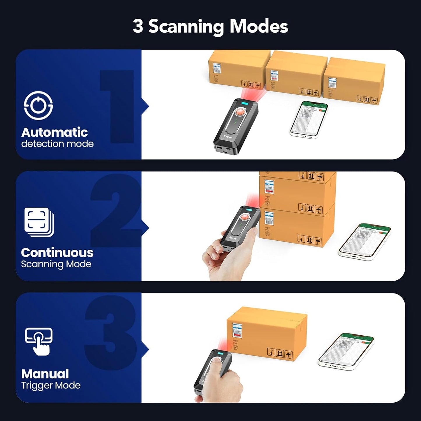 Eyoyo Portable 2D Bluetooth Barcode Scanner with Clip, 2000mAh Battery with Level Indicator, Wireless Mini 1D QR Bar Code Reader Compatible with Android, iPad, iPhone for Warehouse Inventory