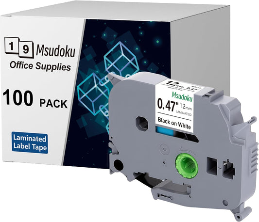 Tze TZ Tape 12mm 0.47 Laminated White Compatible for Brother Label Maker Tape 12mm 1/2" Black on White Tape for Ptouch PT PTD200 PTD410 D210 D220 D610 P710BT PTH110, 100-Pack