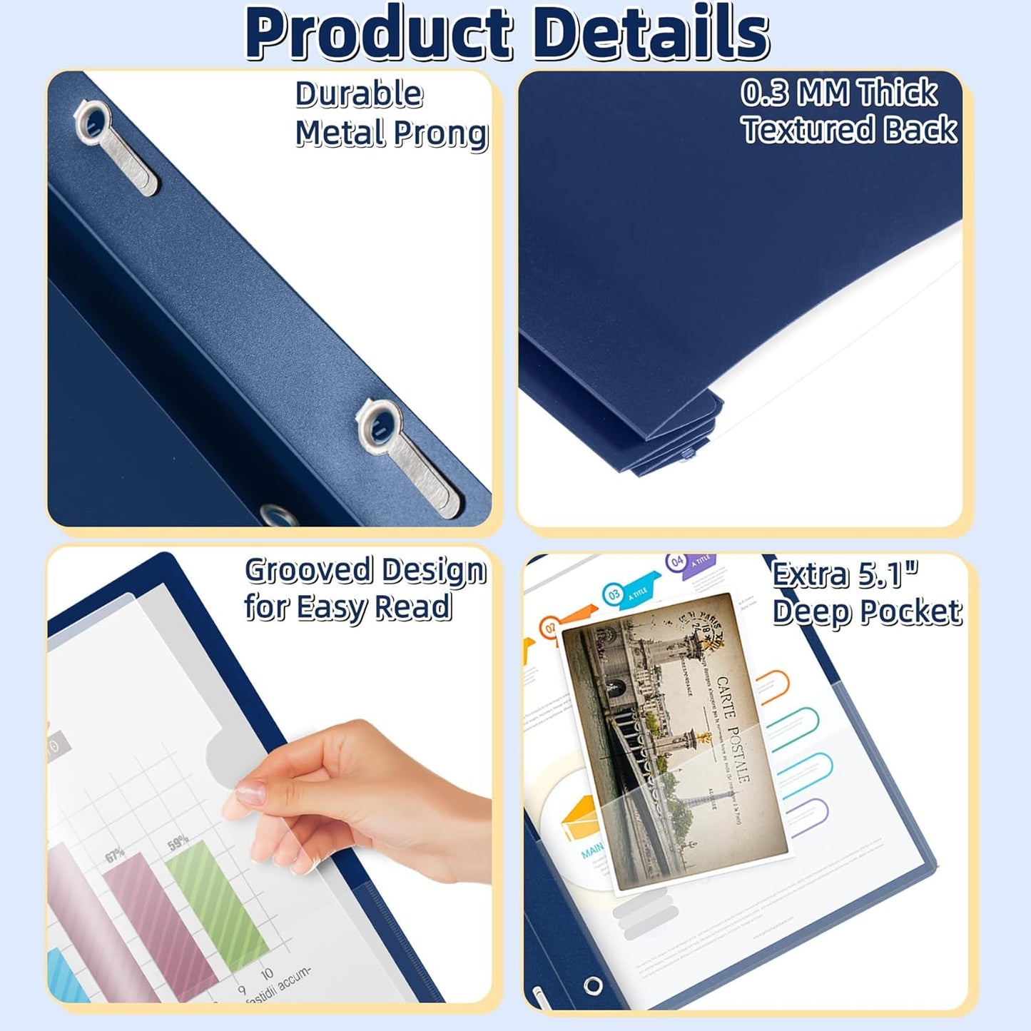 HAUTOCO 30 Pack Plastic Report Covers with 3-Prong Fasteners Clear Front Presentation Folders Resume Folders for 8.5x11 Letter Size Paper, Document Report Cover for School Office Business, Navy Blue