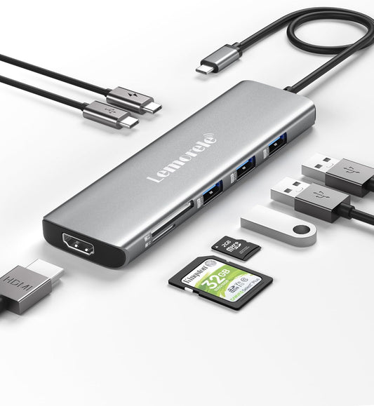 Lemorele USB C Hub 8-in-1 Adapter, USB-C Hub with 4K HDMI Output, 100W Power Delivery, USB 3.0 5Gbps Port, SD/TF Card Reader Adpater, Compatible for MacBook Pro, XPS, Chromebook and More(Silver)