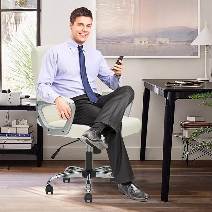 CLATINA Office Computer Desk Chair Executive Mid Back Chair Comfortable Ergonomic Managerial Chair Adjustable PU Leather Home Office Desk Chair Swivel, White 4PK