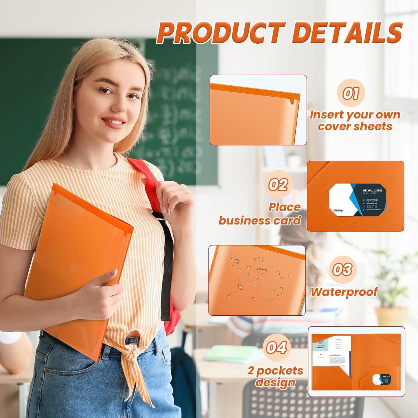 Henoyso 36 Pcs Plastic Folders with Clear Front Pockets Heavy Duty File Folders with 2 Pockets and Card Slot for Student Communication School Office Presentation Report (Orange)