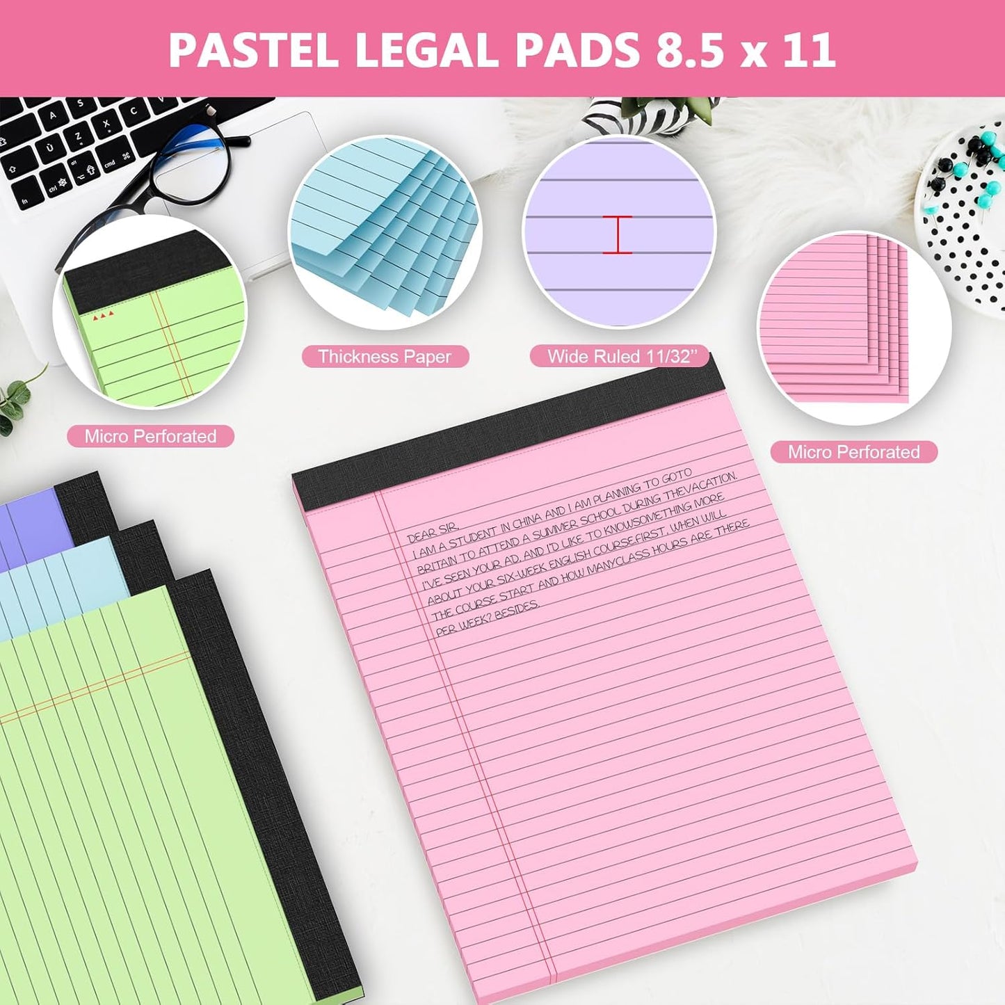 Legal Pads 8.5 x 11, Wide Ruled Paper, 12 Pack Note Pads 8.5 x 11, Colored Legal Pads, Pink Writing Pad, Multicolor Notepad with Sturdy White Back, 30 Sheets/Pad, Lined Paper for School, Home, Office