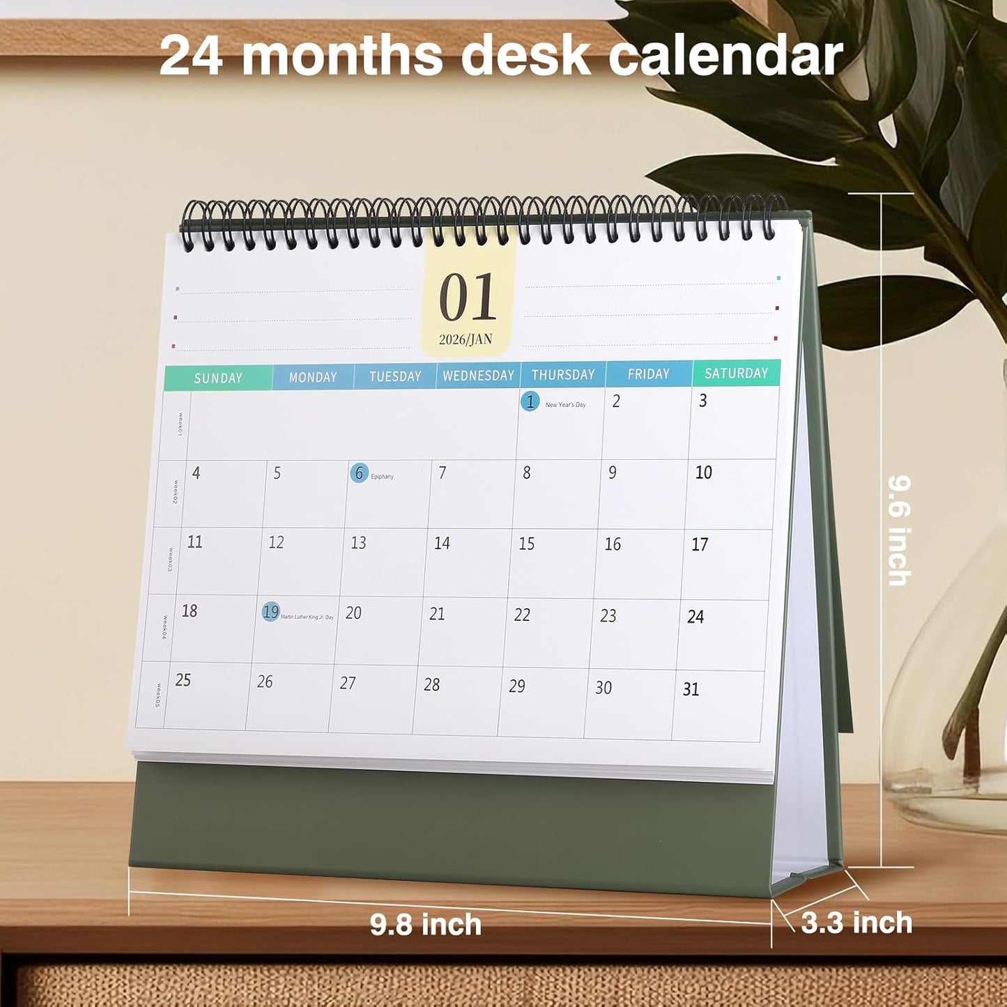 Desk Calendar 2026-2027, 2 Years Calendar Runs from Jan. 2026 until Dec 2027, Table Monthly Planner with Stickers for Home,Office,School Organization(L-Green,9.8" x 9.6")