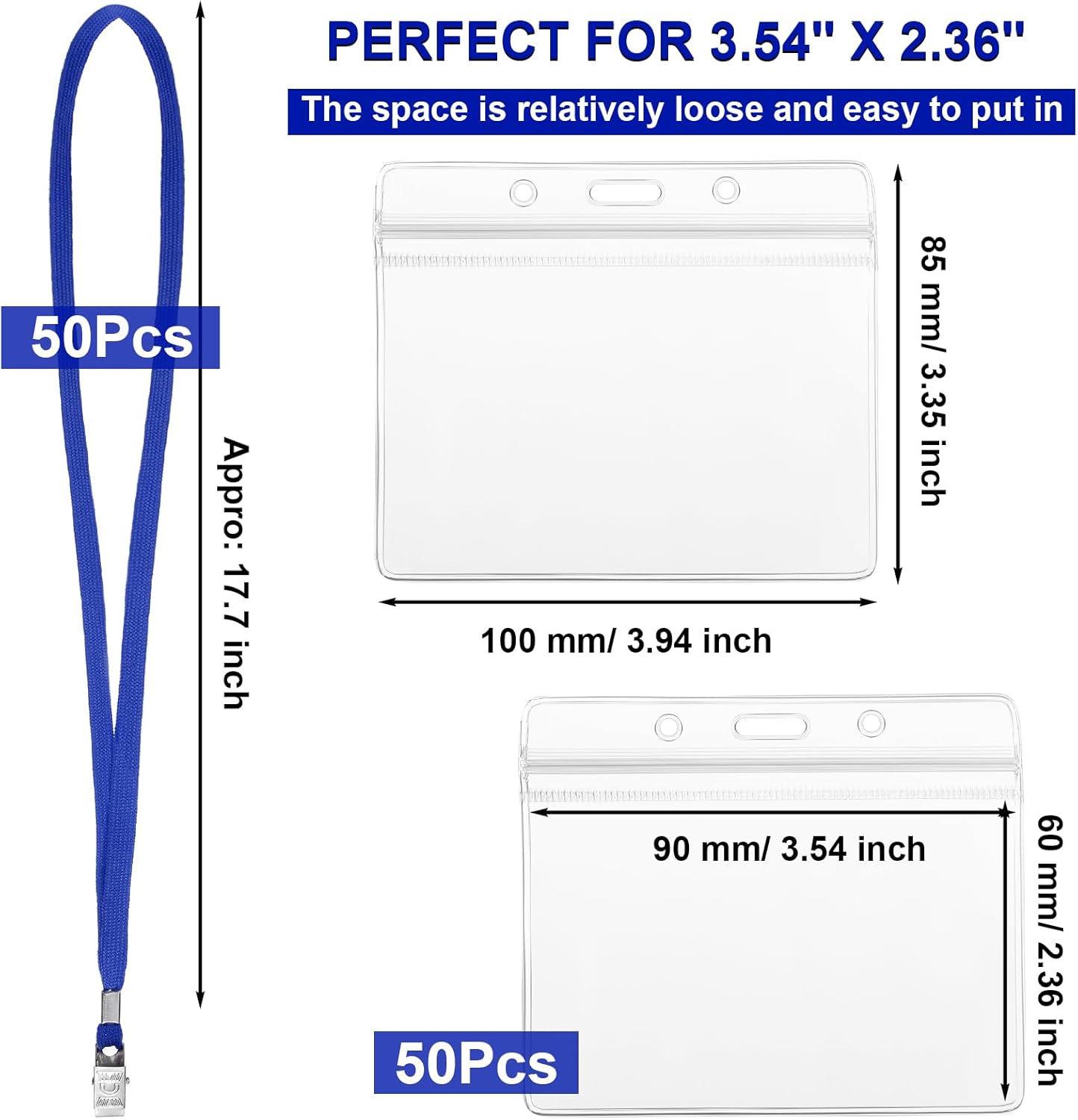 Marspark 50 Sets Clear Name Tags with Lanyard, Lanyards for ID Badges Reusable Strap with ID Holder Plastic Name Badges for Adults Business School Church Conference (Blue)