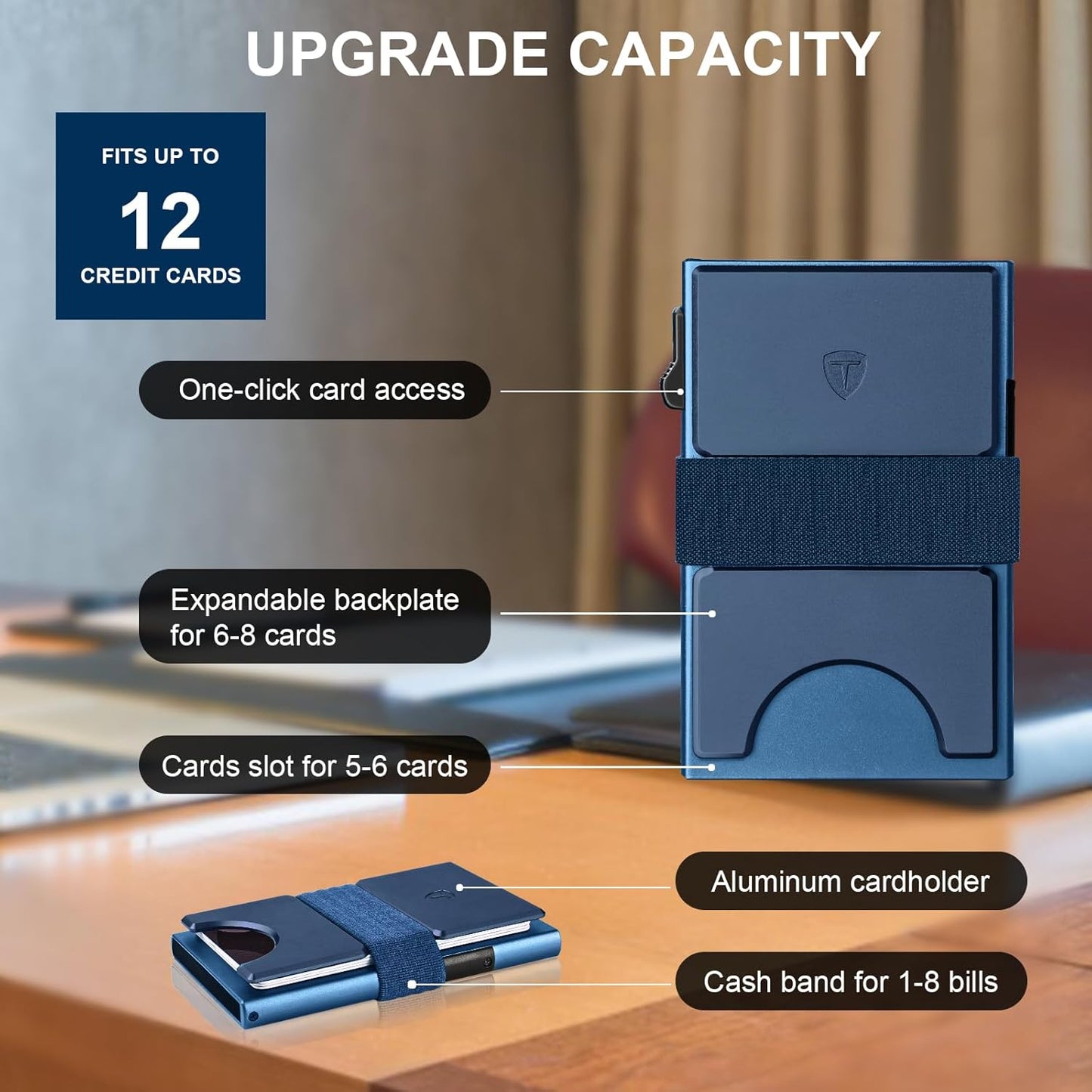 Slim Wallet for Men, Minimalist Pop Up Wallet, Metal Wallet, RFID Blocking Mens Wallets with Expandable Backplate & Cash Band, Holds 12+ Cards Plus Cash, Navy Blue