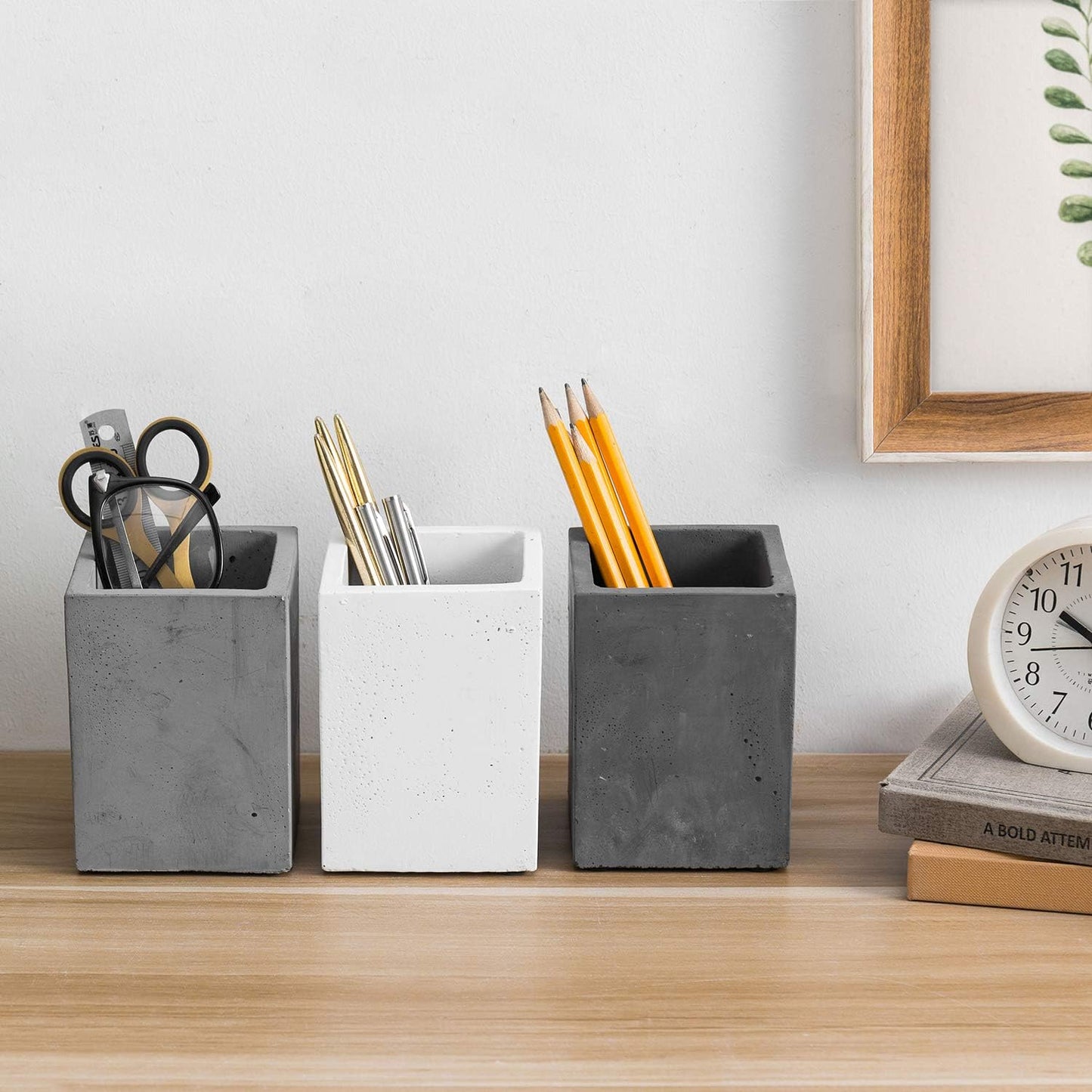 MyGift Pen Holder Pencil Holder For Desk,Pen Cup Holder For Desk,Concrete Desktop Pencil Cup,Modern Gray-Tone,Set of 3