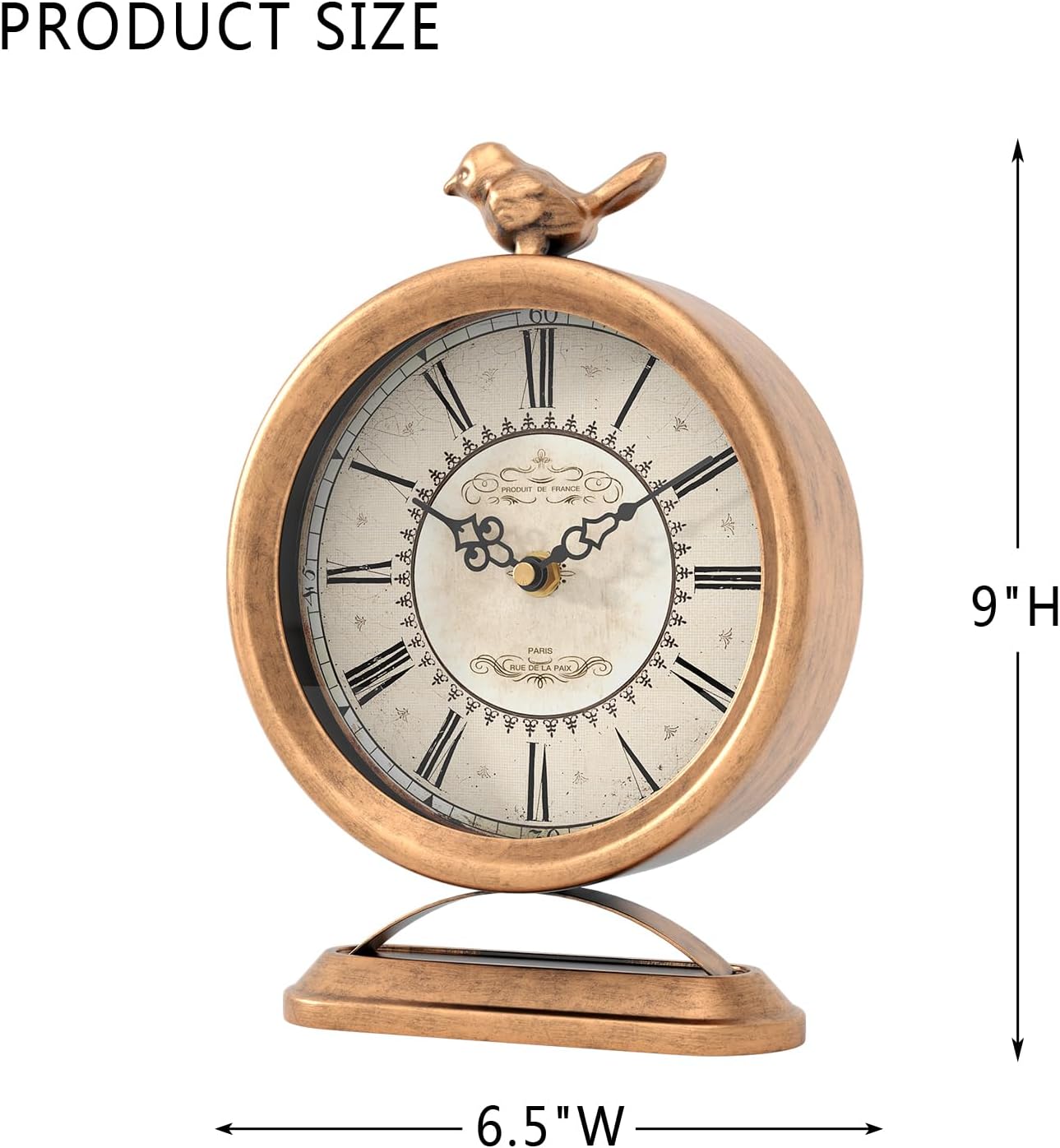 Vintage Table Clock with Bird, European Antique Style Gold Mantel Clocks, Desk and Shelf Decor Clock, for Farmhouse, Bedside, Living Room, Bedroom, Gift (9" H x 6.5" W)