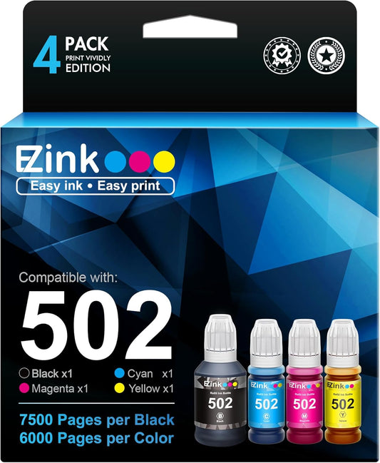 E-Z Ink Compatible Refill Ink Bottle Replacement for Epson 502 T502 522 T522 High Yield to use with ET-4760,ET-3760,ET-2760,ET-3710,ET-2750,ET-3700 Printer (Black, Cyan, Magenta, Yellow, 4 Pack)