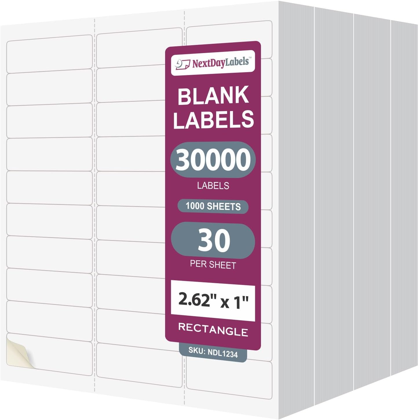 NextDayLabels - 2.5/8" x 1" Rectangular Sticker Labels for Printer - White Laser/Inkjet Printer Labels Return Address Labels Shipping Label Stickers (1000 Sheets, 30 Per Sheet, 30000 Labels)
