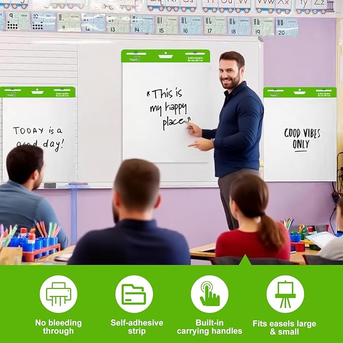 Sticky Easel Pad 15 in x 18 in, 35 Sheets/Pad, 4 Pads/Pack, 140 Sheets， Large White Sticky Easel Paper for Office and Classrooms, Flip Chart Paper for Teachers，Super Sticking Power & Bleed-Resistant
