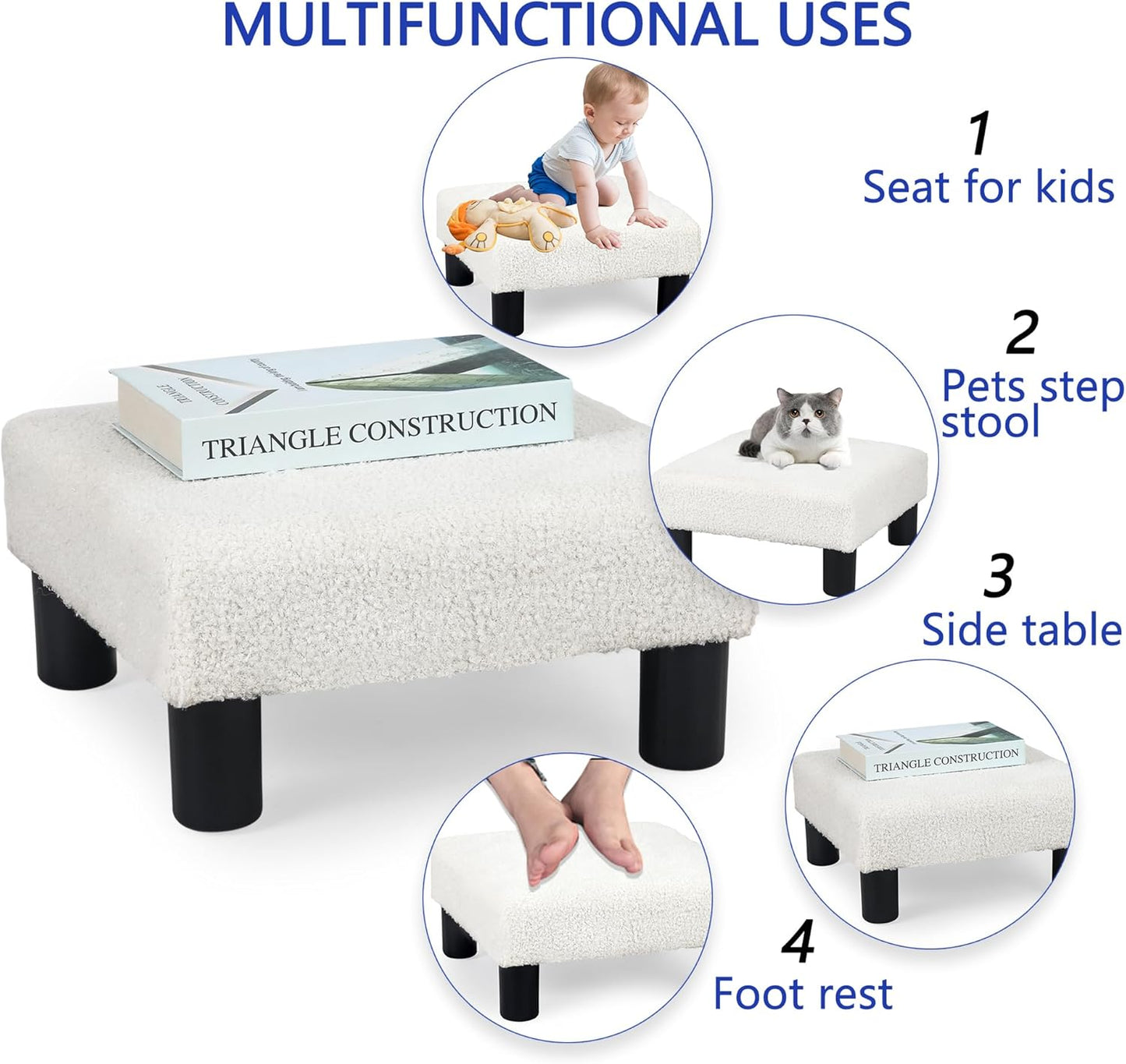 Joveco Small Foot Rest Stool Ottoman, Square Boucle Upholstered Footrest with Plastic Legs, Under Desk Footstool for Chair, Office, Living Room, White