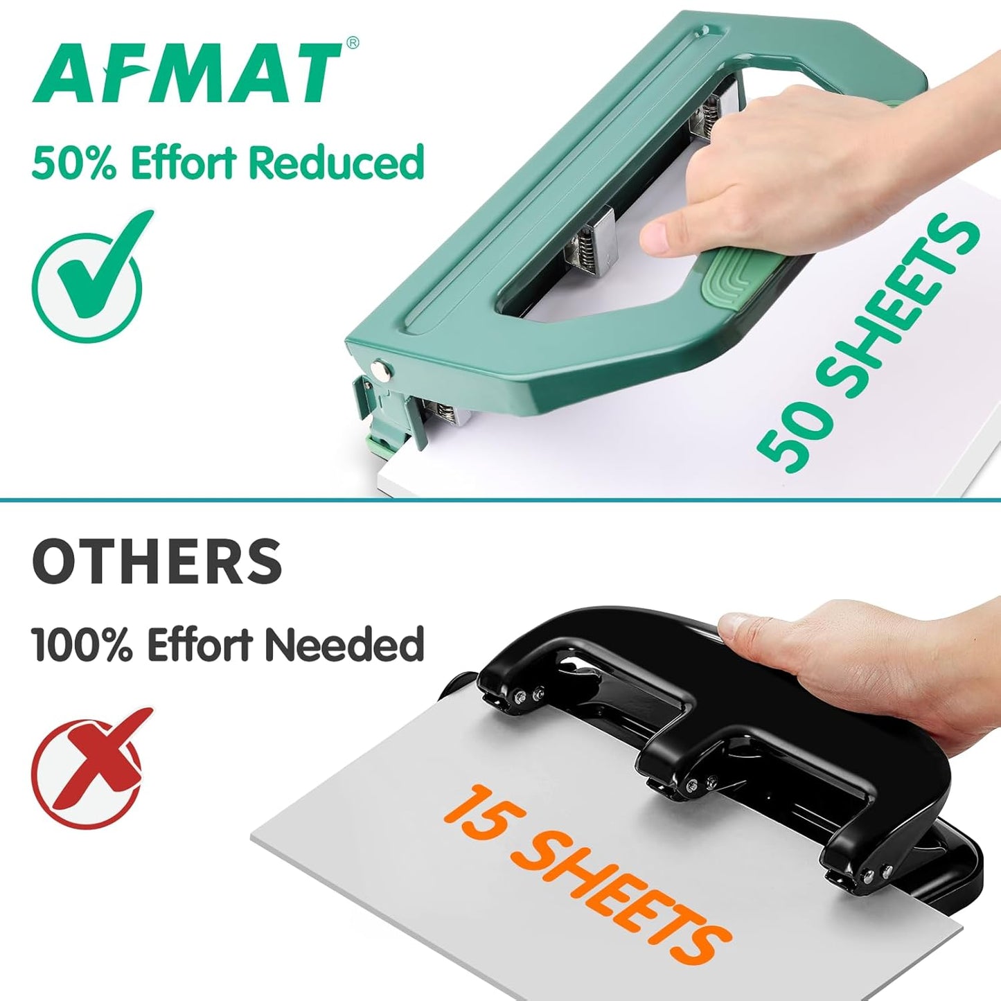 AFMAT Heavy Duty 3 Hole Punch, 50-Sheet, 50% Reduced Effort, Adjustable Two & Three Hole Punch, Metal Paper Puncher w/Large Chip Tray, Metal Paper Guide, Green