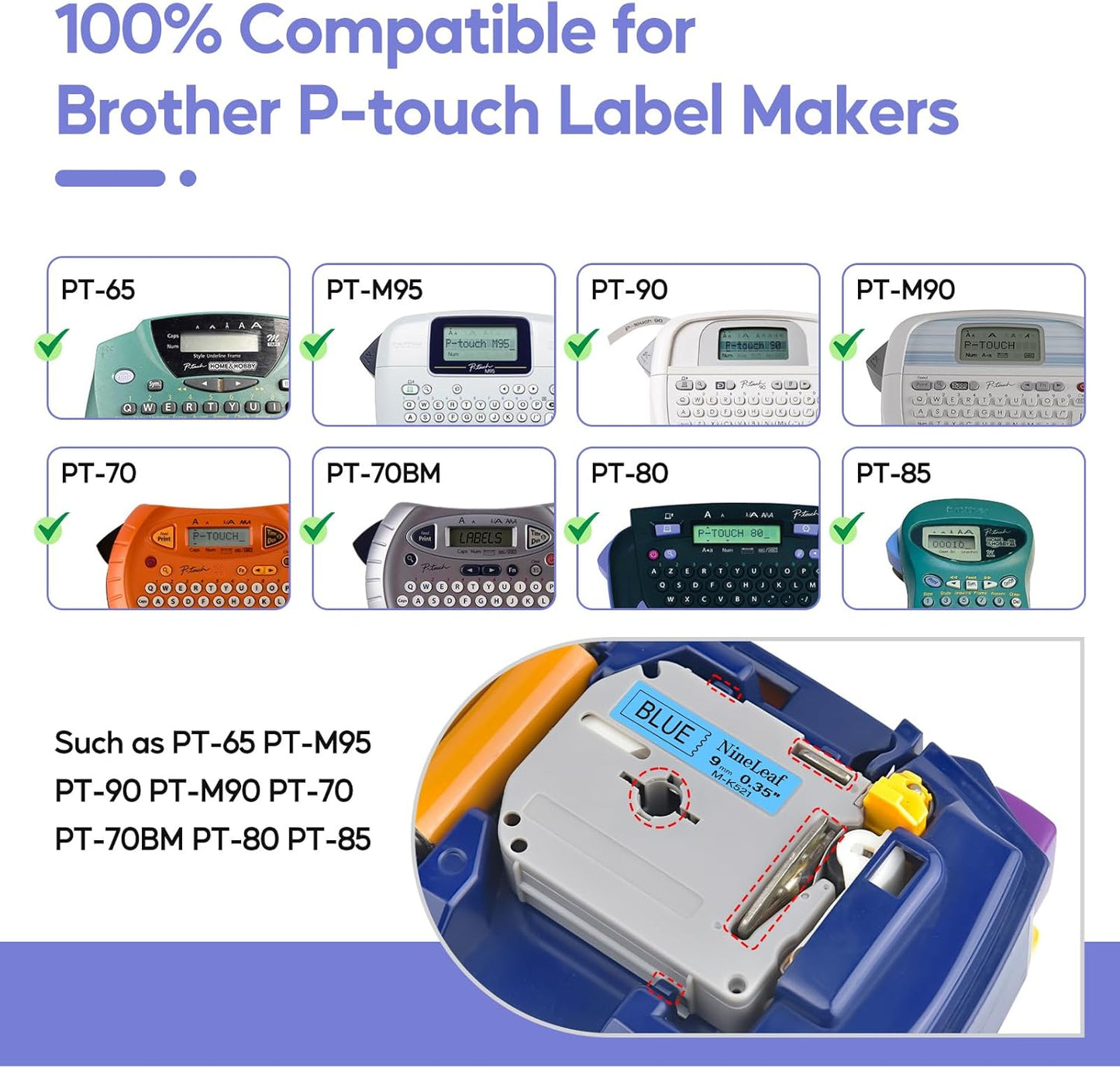 NineLeaf 4 Pack Compatible for ptouch M Label Tape MK521 M-K521 M521 Black on Blue 3/8" (9mm) x 26.2ft (8m) Labeling Refill Cartridge Work in PT-45M PT-65 PT-70 PT-80 PT-M95 Label Maker