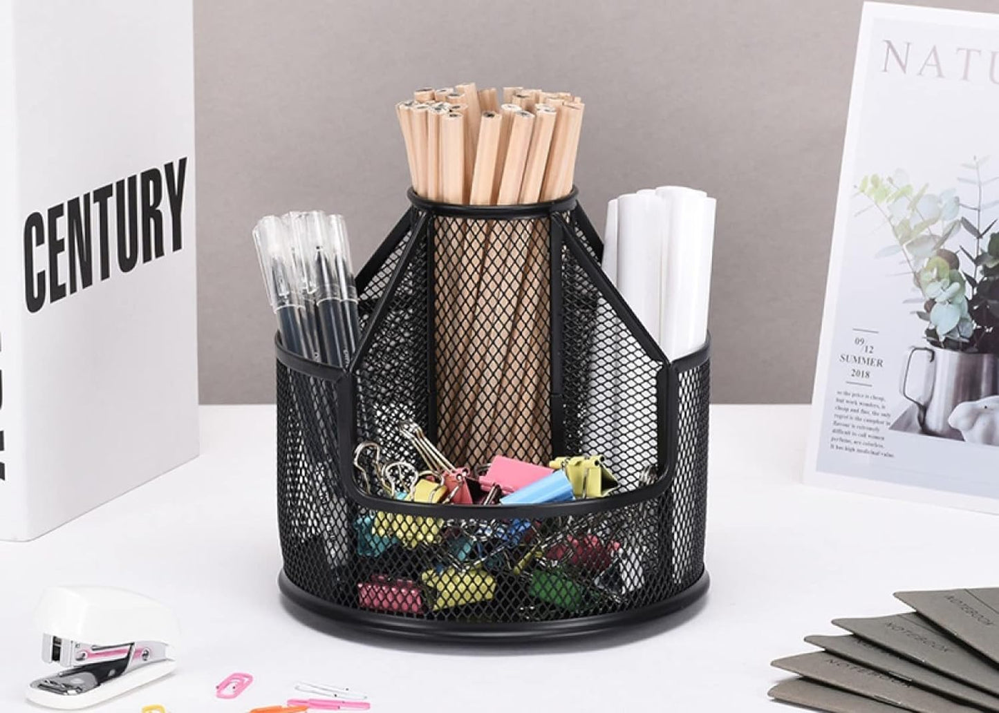 Pencil Holder, Rotating Desk Organizer, Metal Pen Organizer Mesh Pen Holder Office Desk Accessories Cute Office, School, Home,Art Suppliers (Black)
