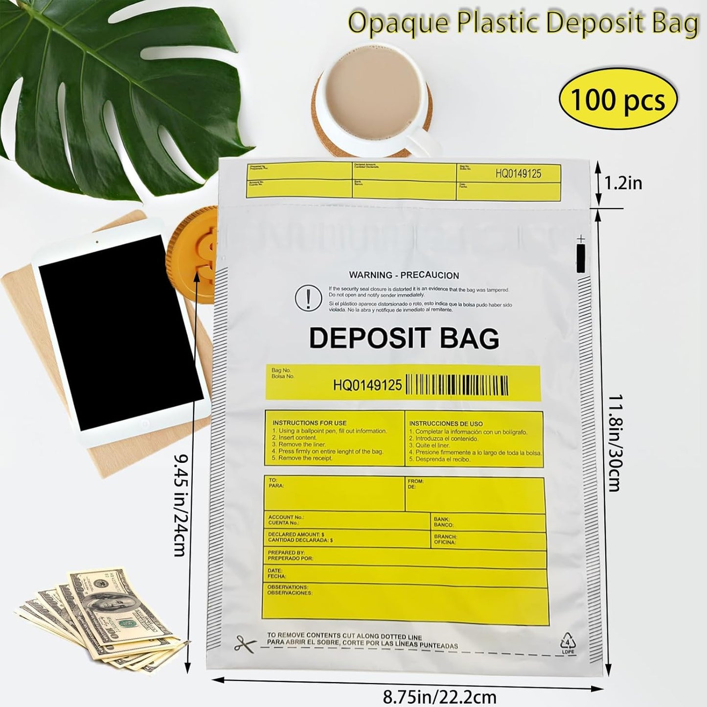 Opaque Bank Deposit Bags, 100pcs 9x12in Tamper Proof Bag, Cash Handling, Transportation, Transfer, Valuables, Secure Bank Pocket with Independent Barcode, Self Sealing Glue, Tamper Proof