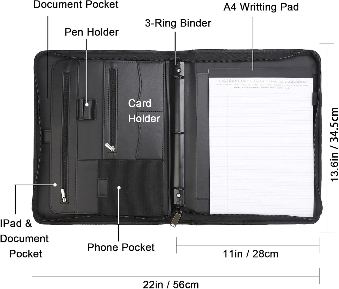 Yodo Zipper Padfolio Portfolio Binder Organizer PU Leather Portfolio for Resume, Legal Documents, Tablet, Business Supplies and Cards,3-Ring Binder with Handle, Notepad Folder for Men & Women