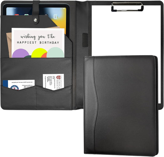 Portfolio Folder Padfolio with A4 Clipboard, PU Leather Portfolio Clipboard Business Binder Writing Clip Board Organizer for Legal Documents Business Card Men Women Black