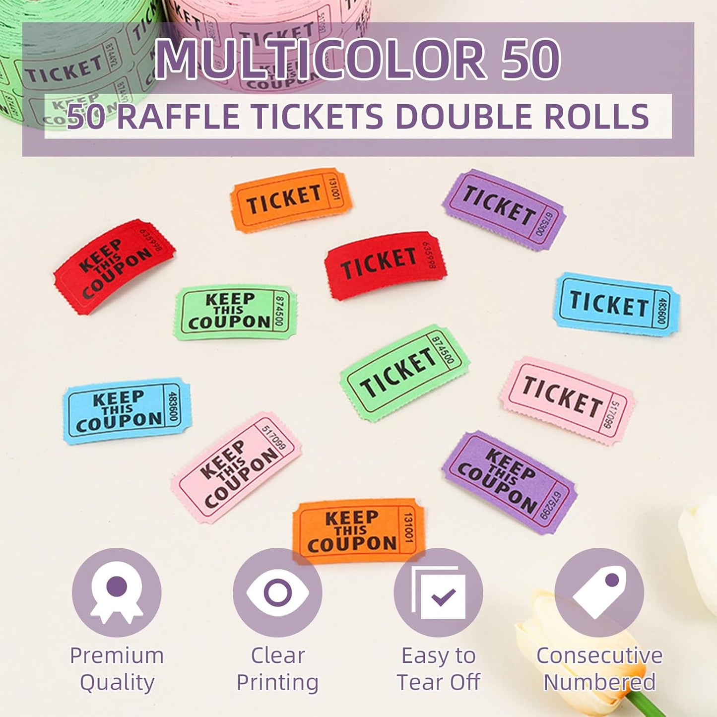 10,000 Raffle Tickets 10 Rolls of 1000 Tickets Each Raffle Tickets Double Roll 50/50 Raffle Tickets for Events Party Entry Carnivals Classroom Rewards (10 Color 10,000)