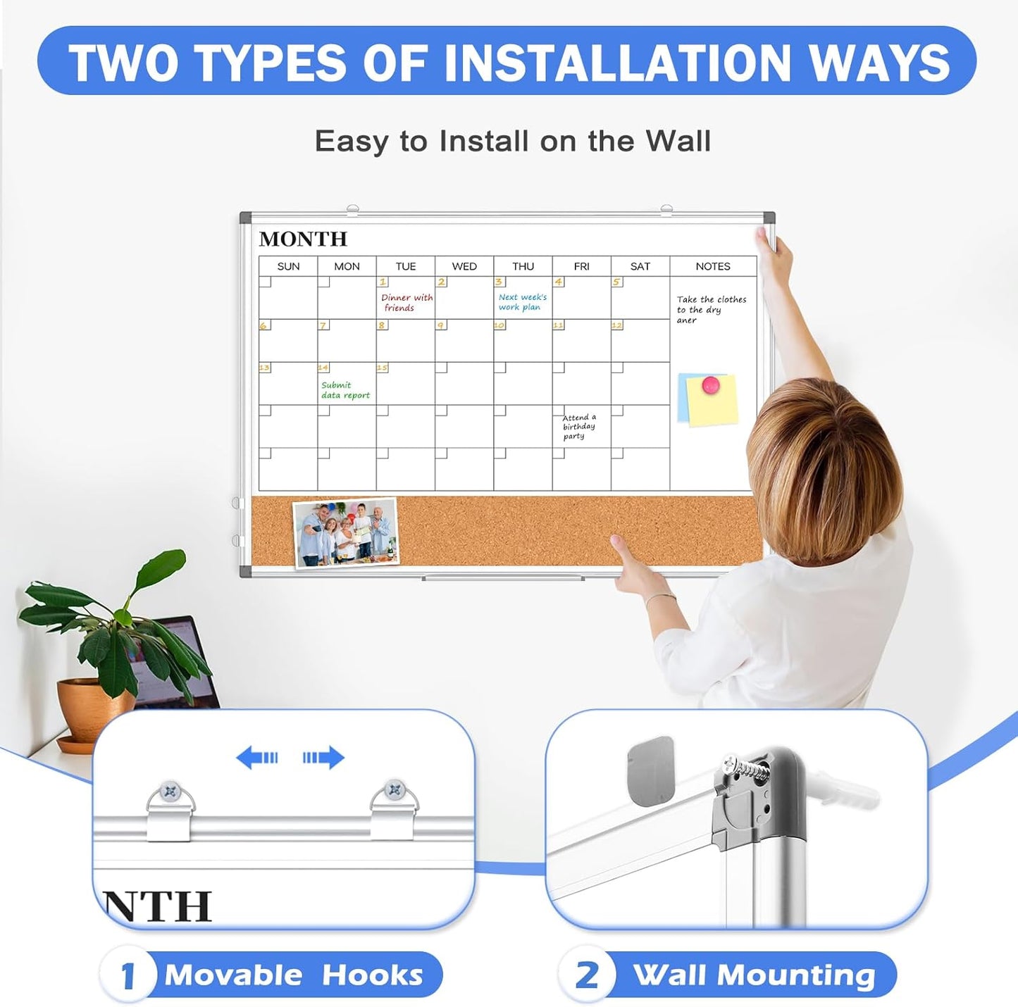 Monthly Calendar Whiteboard Dry Erase Cork Board Combo for Wall, 24" x 18" Double-Sided Calendar White Board and Bulletin Board, Portable Board for Office, Kitchen, School, Home