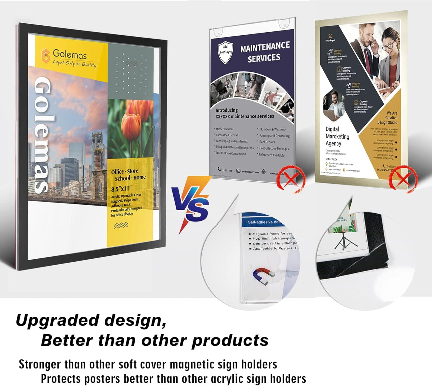 Acrylic Magnetic Sign Holder, Easy-Opening 8.5 x 11 Wall Mount Display Frames, Self Adhesive Back Plastic Clear Document Frame, Horizontal & Vertical Display (Black, 6Pack)